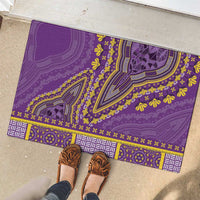 Violet dashiki rubber doormat with ornate yellow vines and white geometric stripe border