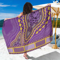 African dashiki sarong in violet purple with yellow geometric pattern border, draped flat