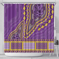 Purple shower curtain featuring arched elephant motif with yellow flowers and border patterns
