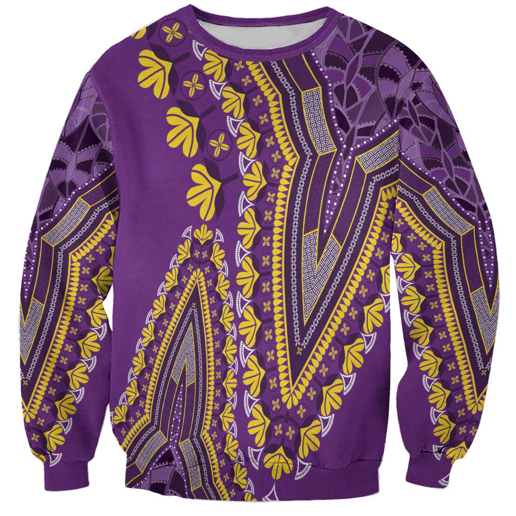 Unisex purple dashiki sweatshirt with yellow embroidered-style patterns, crew neck, long sleeves