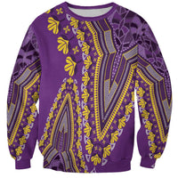 Unisex purple dashiki sweatshirt with yellow embroidered-style patterns, crew neck, long sleeves