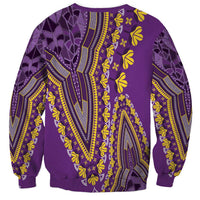 Unisex purple dashiki sweatshirt back with yellow patterned panels, crew neck, long sleeves