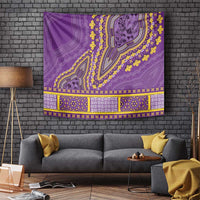 Purple tapestry with large central elephant face, geometric blue patterns, yellow border