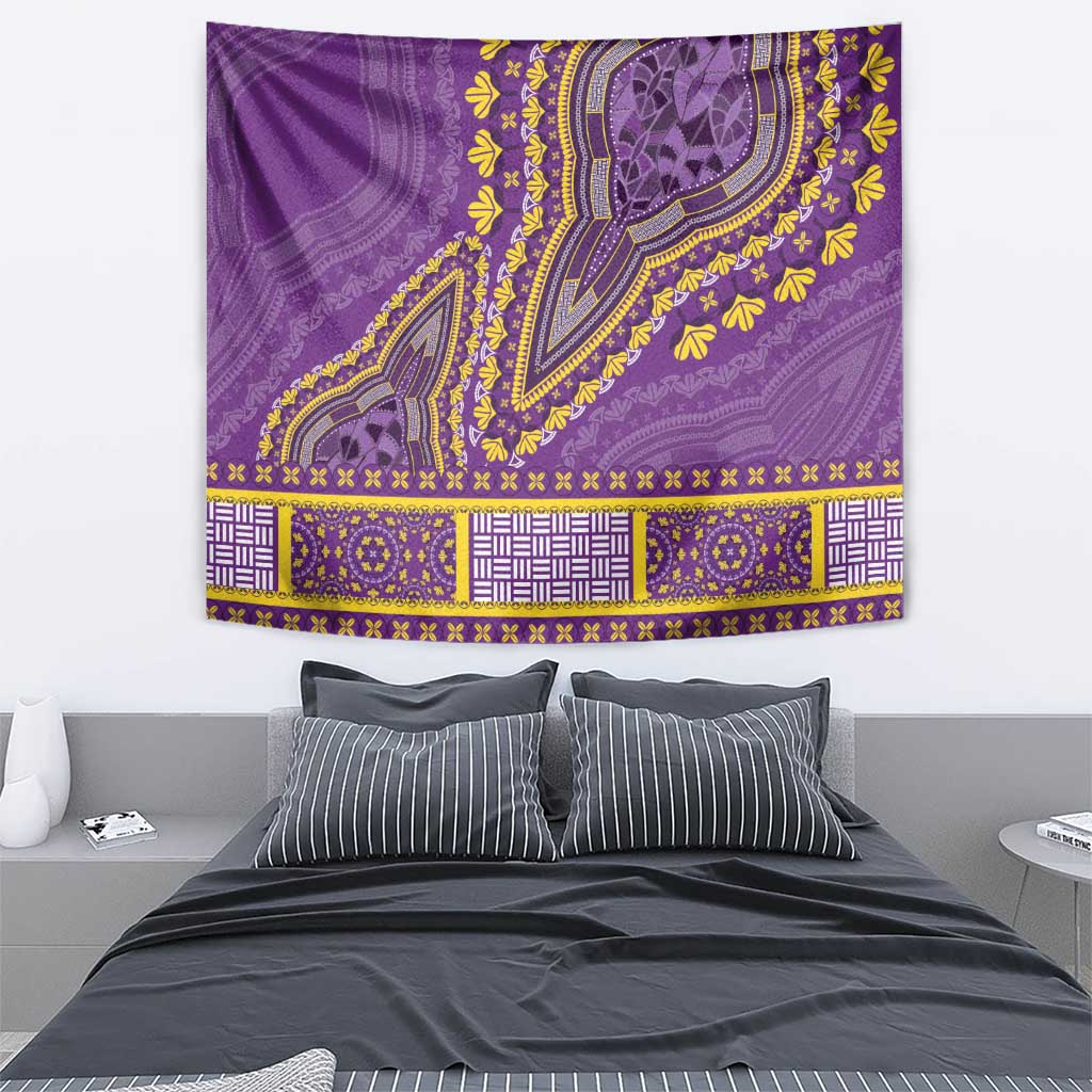 Purple wall tapestry with elephant motif, patterned banding in blue and yellow