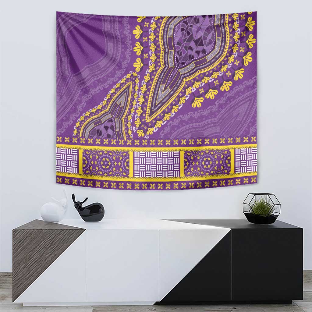 Purple dashiki wall tapestry featuring elephant design with geometric blue blocks and trim