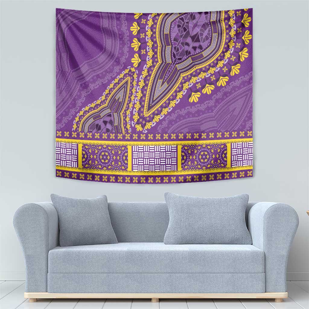 Purple tapestry wall hanging with elephant motif and repeating blue geometric accents