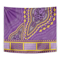 Close view of purple dashiki tapestry corner: elephant motif, blue shapes, yellow border