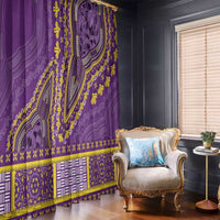 Purple dashiki-pattern window curtain with bold yellow border and central medallion motif.