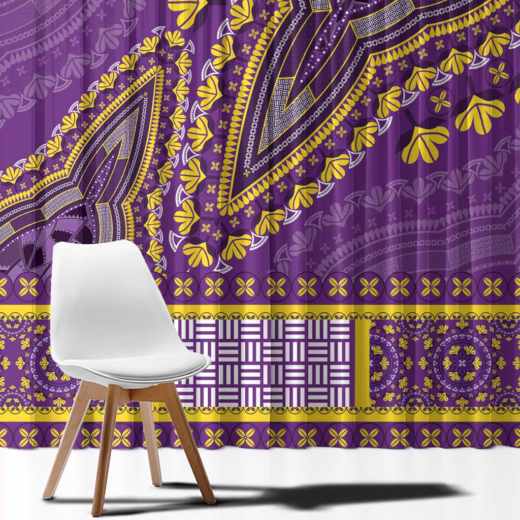 Purple dashiki window curtain close-up with yellow vine and geometric border band.