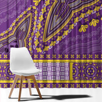 Purple dashiki window curtain close-up with yellow vine and geometric border band.
