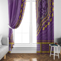 Purple dashiki-style curtain panels with yellow motif trim along the bottom edge.