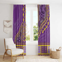 Purple dashiki window curtains with yellow vine accents and patterned hem border.
