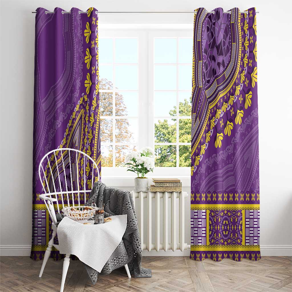 Purple dashiki-style window curtains with yellow floral pattern and central oval medallion.