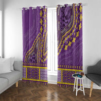 Purple dashiki window curtain panels with yellow vine trim and geometric border at bottom.
