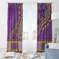 Purple dashiki-style window curtain pair on rod rings with yellow patterned hem border.