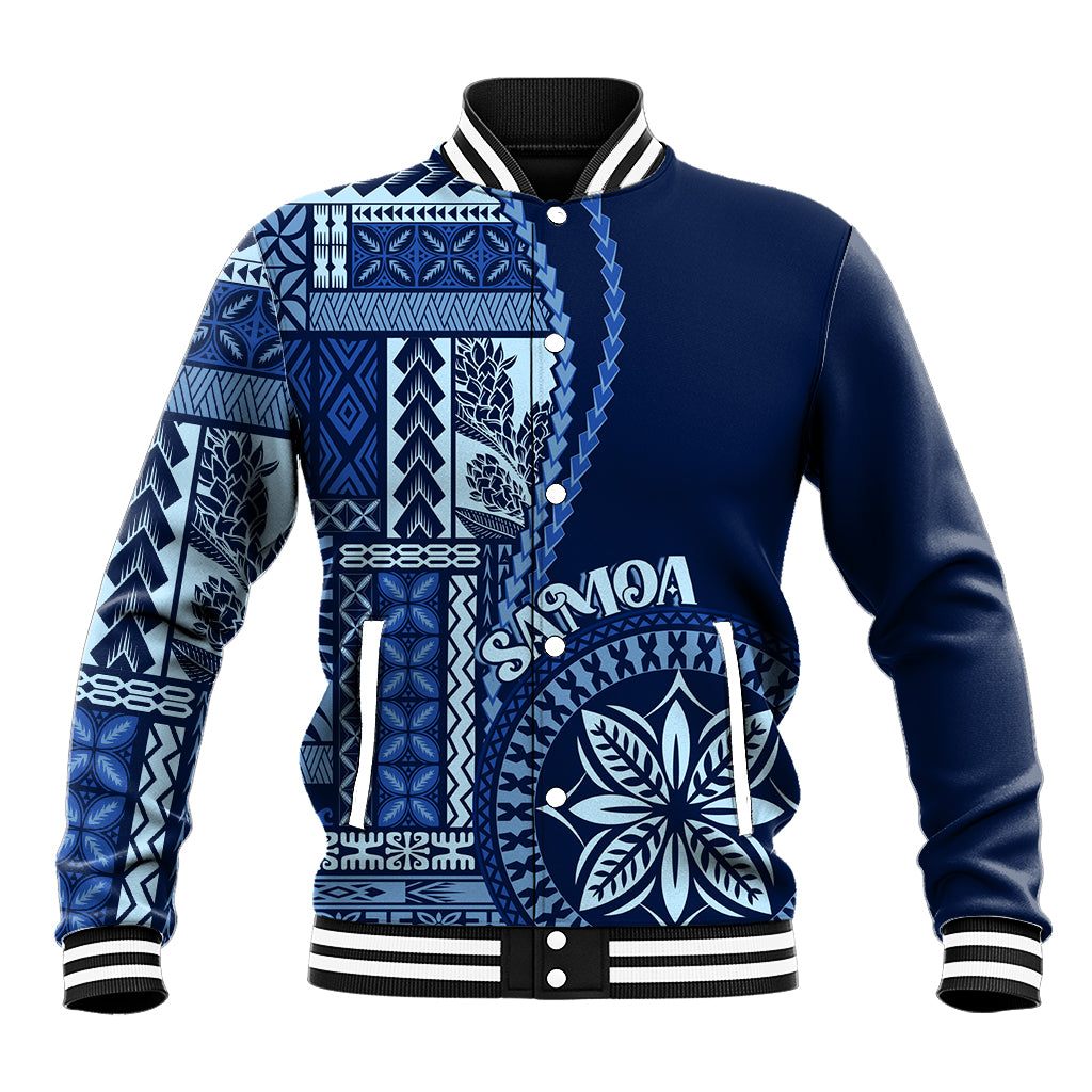 Unisex blue baseball jacket with white and dark-blue Samoa siapo motif, snap front