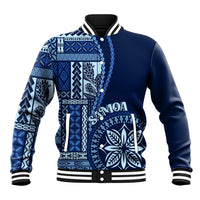 Unisex blue baseball jacket with white and dark-blue Samoa siapo motif, snap front