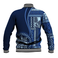 Unisex blue baseball jacket with large back Samoa siapo motif panel and striped collar