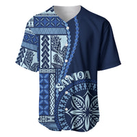 Blue baseball jersey with Samoa siapo pattern, button front, short sleeves, crew collar