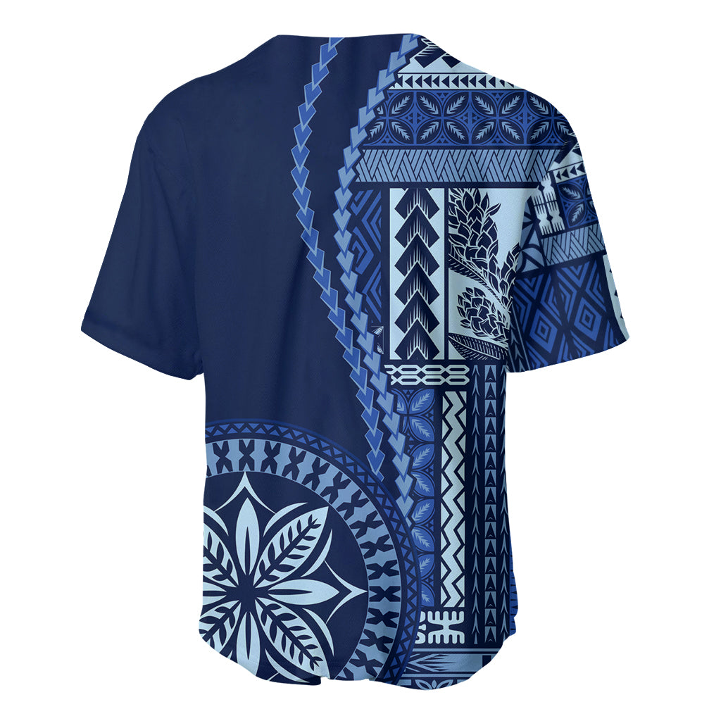 Blue baseball jersey back with large Samoa siapo motif and geometric border, short sleeves