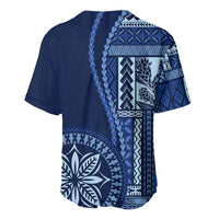 Blue baseball jersey back with large Samoa siapo motif and geometric border, short sleeves