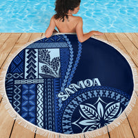 Round beach blanket, blue and white Siapo motif design with white fringe border