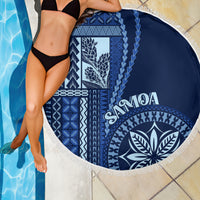 Round beach blanket in blue and white with Siapo motif pattern and white fringe