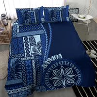 Blue siapo motif bedding set, navy cover with Samoa leaf emblem and geometric borders