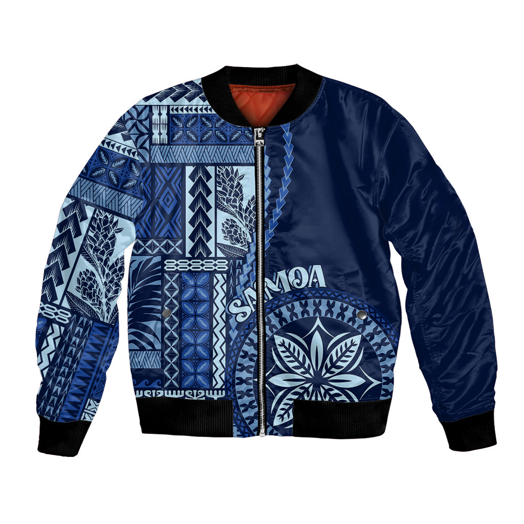 Unisex blue bomber jacket with white siapo-style print, black ribbed cuffs and hem