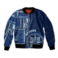 Unisex blue bomber jacket with white siapo-style print, black ribbed cuffs and hem