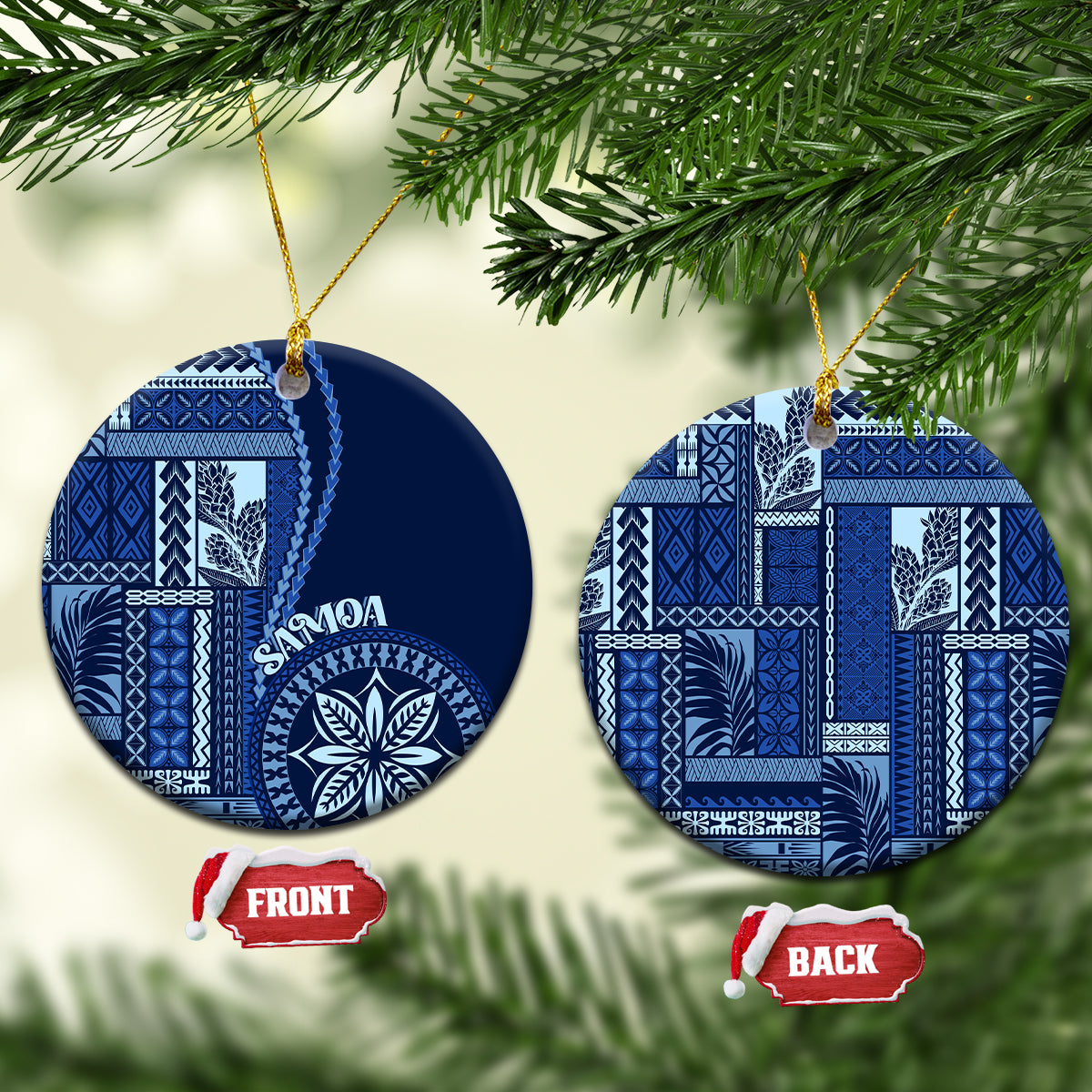 Blue and white ceramic Samoa siapo motif round ornament with hanging gold cord