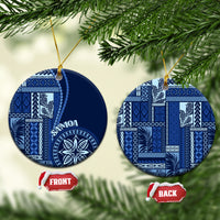 Blue and white ceramic Samoa siapo motif round ornament with hanging gold cord