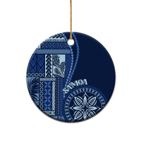 Blue and white ceramic Samoa siapo motif round ornament with gold hanging cord