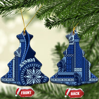 Blue and white ceramic Samoa siapo motif tree-shaped ornaments with gold hangers
