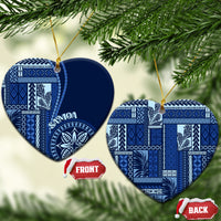 Blue and white ceramic Samoa siapo motif heart-shaped ornaments with gold cords
