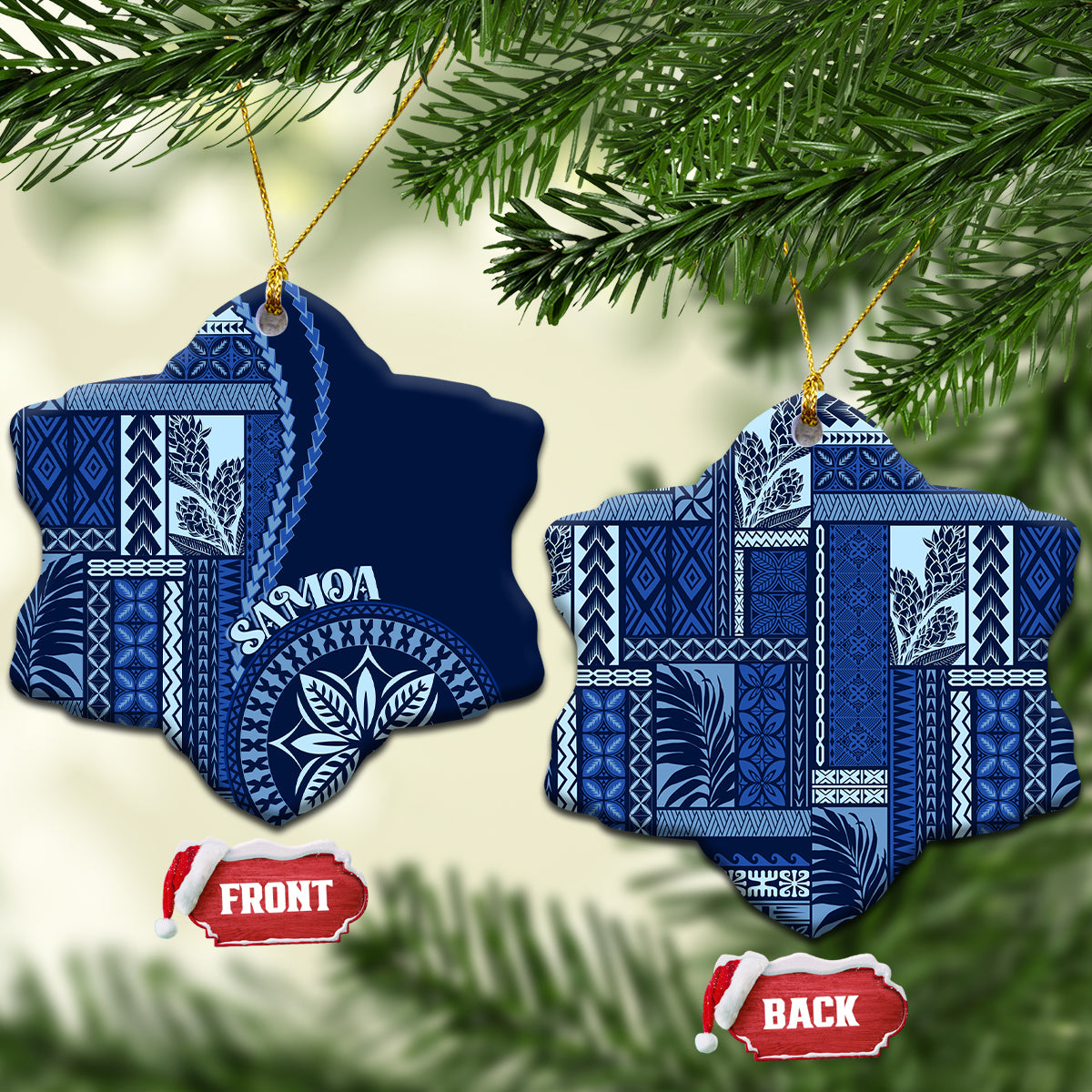 Blue and white ceramic Samoa siapo motif star-shaped ornaments with gold cords