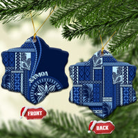 Blue and white ceramic Samoa siapo motif star-shaped ornaments with gold cords