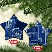 Blue and white ceramic Samoa siapo motif star ornaments with gold hanging cords