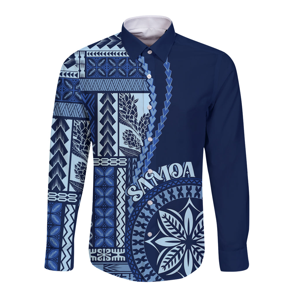 Samoa siapo motif long-sleeve button shirt, dark blue with bold front panel print