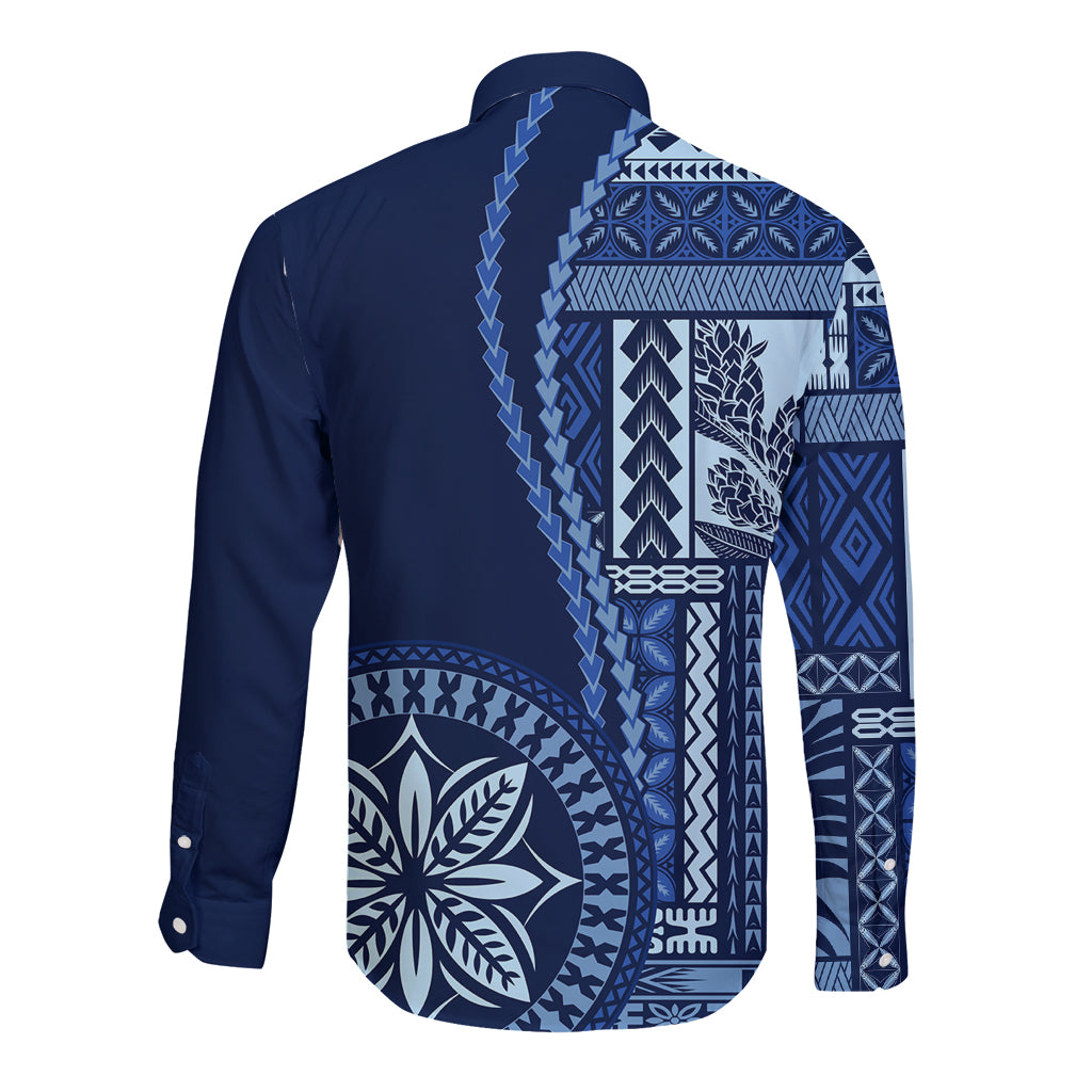 Samoa siapo motif long-sleeve button shirt, dark blue with back circular emblem print
