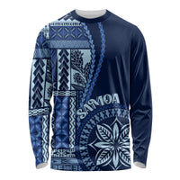 Unisex long-sleeve crewneck shirt, dark blue with white Samoa siapo-style geometric print