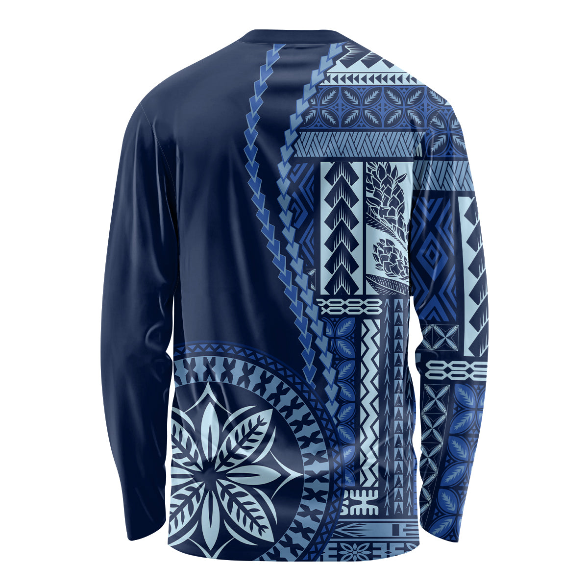 Unisex long-sleeve crewneck shirt, dark blue with white geometric print on back