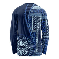 Unisex long-sleeve crewneck shirt, dark blue with white geometric print on back
