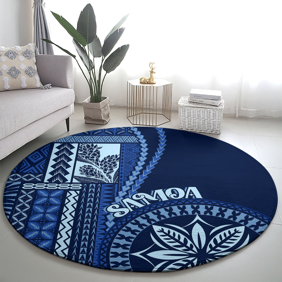Round blue siapo motif rug with white leaf border and “Samoa” word across center