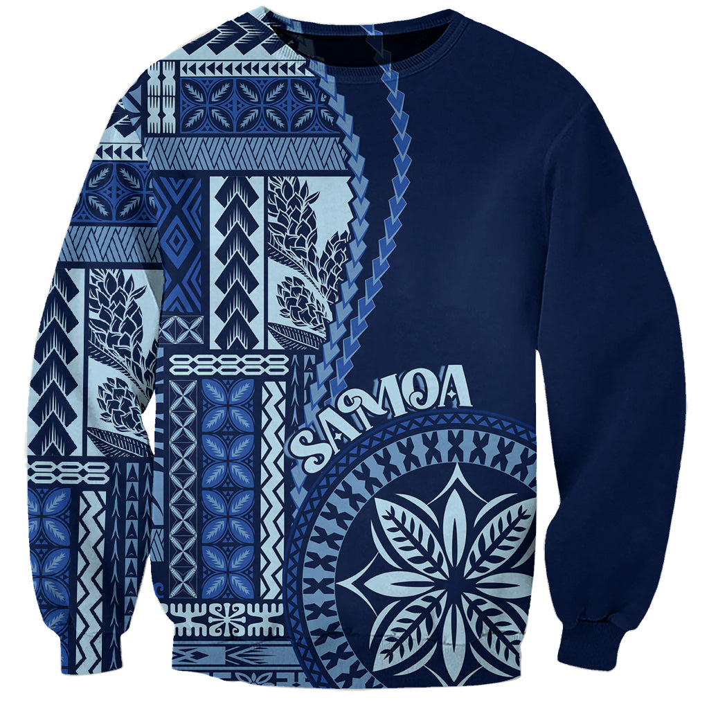 Unisex blue sweatshirt with white Polynesian siapo graphic front, crew neck