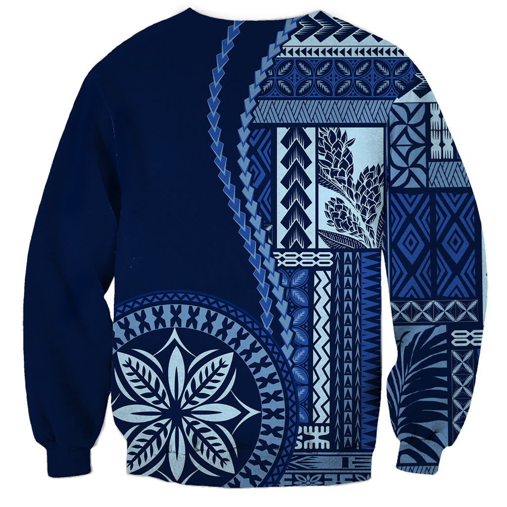 Unisex blue sweatshirt with white Polynesian siapo graphic back, long sleeves