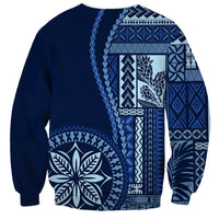 Unisex blue sweatshirt with white Polynesian siapo graphic back, long sleeves