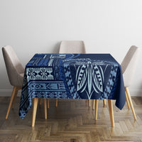 Blue Samoa siapo motif tablecloth with leaf and geometric blocks across the top