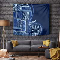 Blue Samoa siapo motif tapestry with geometric panel and circular flower emblem