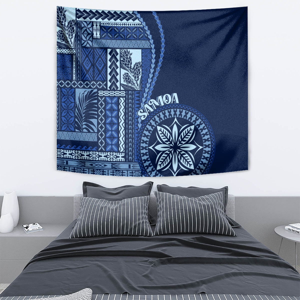 Blue Samoa siapo tapestry featuring patterned left panel and round floral emblem